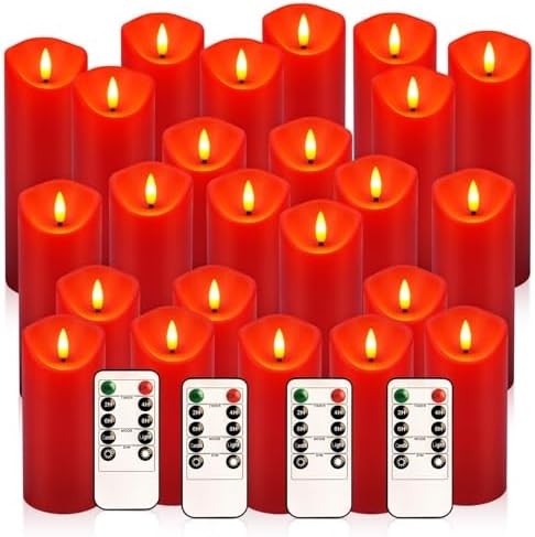 24-Pack Red Flameless LED Candles with Remote - Realistic Flickering Battery - Operated Pillar Candles forValentine's Day, Home Decor, Weddings, Parties. by CAKETYCG