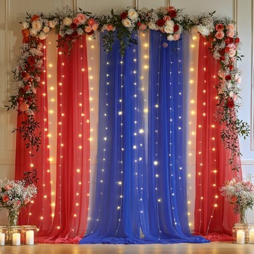 10x10ft Royal Blue Red Tulle Backdrop Curtain with Lights String for Parites, Sheer Photo Backdrop Curtains with lights for Wedding Backdrop Ceremony Reception Bridal Shower Baby Shower Birthday Party - Image 6