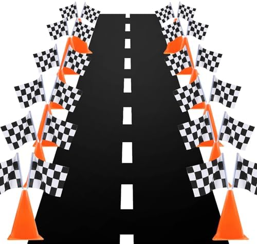 7inch Orange Racing Traffic Cones With Holes on Top,Checkered Flags,Racetrack Floor Runner,Race Car Birthday Party Supplies,Racing Car Table Centerpiece Decorations 38PCS - Image 5