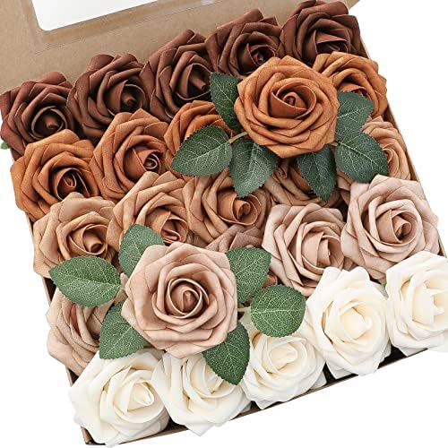Floroom Artificial Flowers 25pcs Real Looking Earth Tones Ombre Colors Foam Fake Roses with Stems for DIY Wedding Bouquets Bridal Shower Floral Centerpieces Party Tables Home Decorations by Floroom