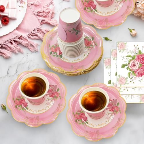 200Pcs Floral Tea Cups and Saucers for Tea Party Supplies, Disposable Tea Cups with Handle and Paper Napkins Dinnerware for Floral Theme Birthday Wedding Bridal Shower Baby Shower（Pink） - Image 5