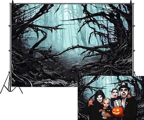 Misty Forest Backdrop for Halloween Party Dark Blue Gothic Movies Theme Spooky Foggy Woods Trees Silhouette Background Photography Studio Photo Booth Props 20x10ft - Image 3