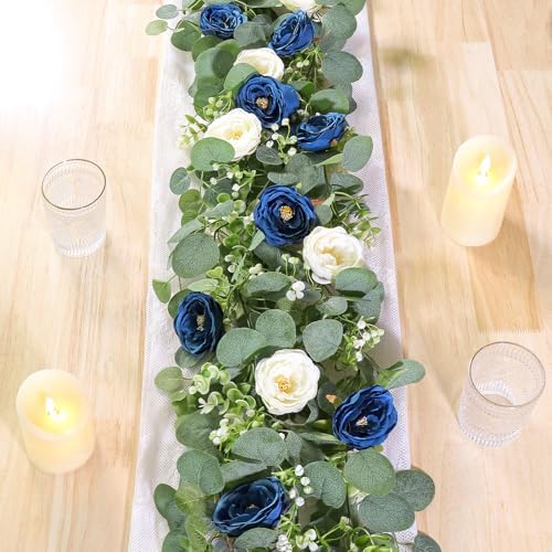 TOCHGREEN 2 Pack Artificial Eucalyptus Flower Garland with White Blue Roses by TOCHGREEN