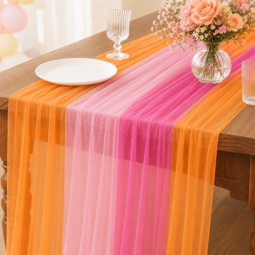4 Pcs Pink and Orange Sheer Table Runner for Party Decorations by Unknown