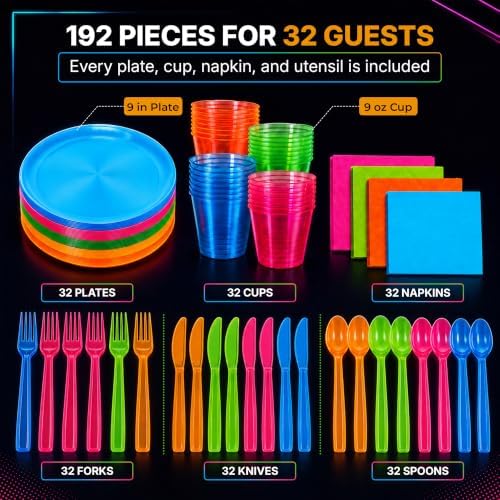Kedudes Neon Glow Party Supplies, Serves 32 - Hard Plastic Disposable Party Neon Plates, Napkins, Neon Cups Tumblers, Cutlery - Forks, Knives, Spoons - Neon Party Decorations - Fiesta Party Supplies - Image 2