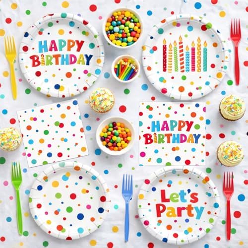 Kinovo 96 Pcs Happy Birthday Paper Plates Tableware Set (Serves 24), Birthday Dots Dots Design Supplies Set Include Plates Napkins Forks for Party - Image 5