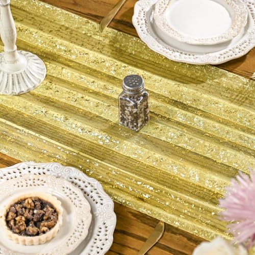 Artoid Mode 3PCS Light Yellow Gold Gauze Table Runner 120 Inch 10FT, Glitter Metallic Foil Sheer Dining Wedding Anniversary Holiday Birthday Table Decor for Home Party - Image 4