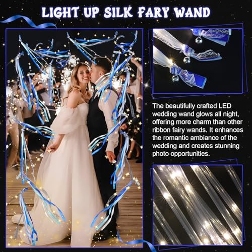 100 Pcs Wedding Wands Ribbon with 3 Colorful Flashing Modes, Light up LED Silk Fairy Wands, Glow Lace Stick with Bells for Wedding Reception, Graduation, New Year, Birthday Party (Blue) - Image 4