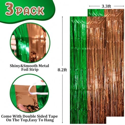 Voircoloria Green Brown Foil Fringe Backdrop Curtains,3.3x8.2ft, 3 Pack - Image 2