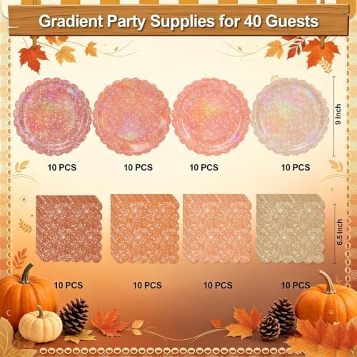 Iridescent Orange Party Plates and Napkins Supplies for Fall Parties 40 Set - Image 3