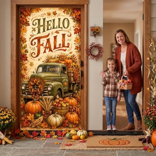 Hello Fall Door Banner 35 x 71 Inch Autumn Front Door Hanging Cover with Green Farm Truck Pumpkins Sunflower Maple Leaves Backdrop Design for Indoor Outdoor Farm Harvest Thanksgiving Party Supplies - Image 6