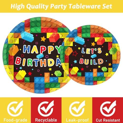 96Pcs Building Block Birthday Party Decor Supplies Paper Plates Napkins Set - Image 4