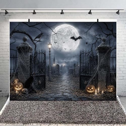 20x10ft Halloween Backdrop Spooky Graveyard Cemetery Full Moon Pumpkin Black Cat Skull Photography Background, Horror Fall Party Decor Photo Booth Props, Kids Birthday Studio Wall Decor Banner - Image 5