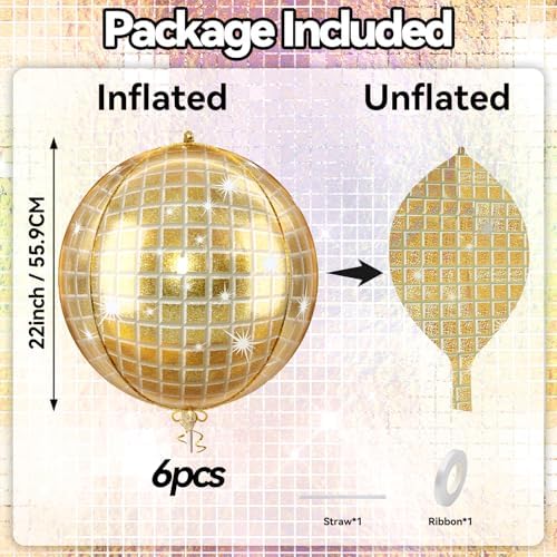 6pcs 22 Inch Gold Disco Ball Balloons, Shiny Gold Big Disco Foil Balloons - Image 2
