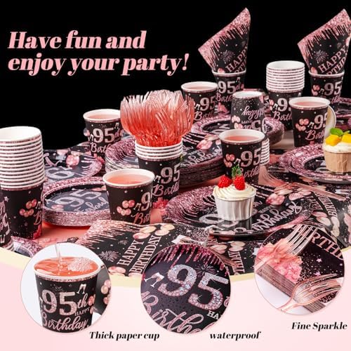 250PCS 95th Birthday Party Decorations for 50 Guests Black and Rose Gold Party Supplies for Women Include Disposable Paper Plates, Napkins, Cups, and Disposable Plastic Cutlery (95) - Image 4