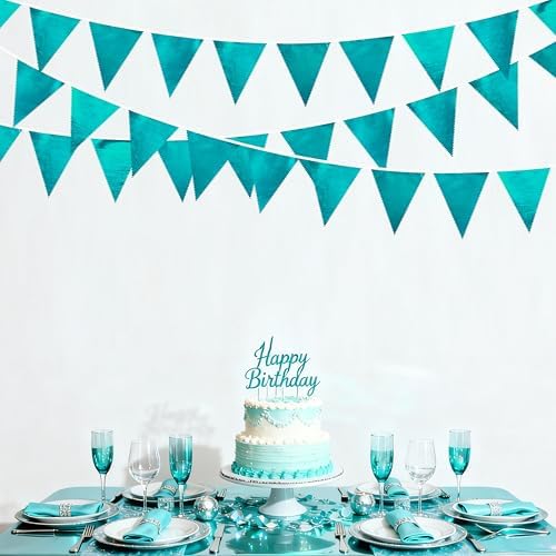 Teal Aqua Blue Triangle Pennant Banner Turquoise Metallic Fabric Flag Bunting Garland for Birthday Bridal Shower Graduation Wedding Holiday Retirement Under The Sea Mermaid Party Decorations Supplies - Image 6