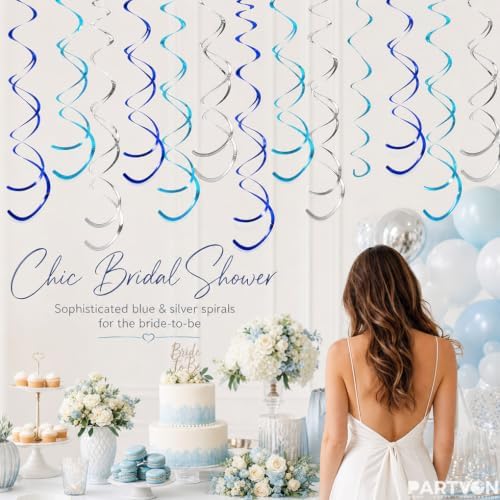32 PCS Blue Lake Blue Silver Hanging Swirl Decorations, Sparkle Ceiling Swirls with Plastic Streamers for Graduation, Birthday, Wedding, Ocean Theme, Baby Shower, Winter, New Year - Image 6