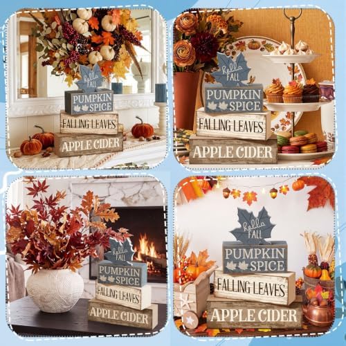 Moucuny 4 Pcs Fall Table Decoration Rustic Blue Maple Leaf Wooden Blocks - Image 6