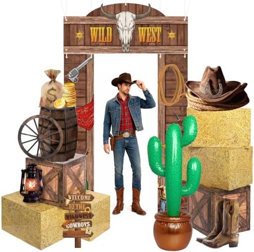 Fovths 15 Pcs Western Cowboy Rodeo Party Decoration Kit Trunk or Treat Car Decor Large Backdrop Hay Bales Boxes Inflatable Cactus Barrel Cardboard Photo Prop Decor for Western Birthday Theme Party by Fovths