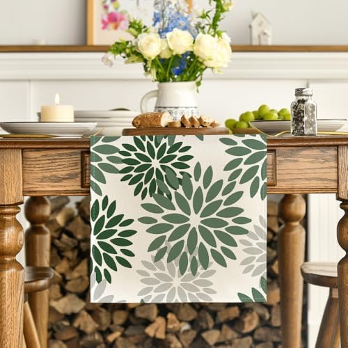 Artoid Mode Dark Green Dahlia Floral Pinnata Spring Table Runner, Seasonal Kitchen Dining Table Decoration for Home Party Decor 13x90 Inch - Image 2