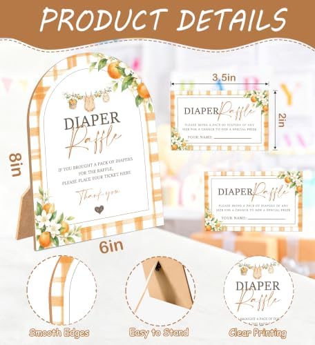 A Little Cutie Baby Shower Games, Orange Diaper Raffle Game, 6x8 Inch Arch Wooden Sign With Stand And 50 Diaper Raffle Tickets, Gender Reveal Party Supplies & Decorations - UC09 - Image 2