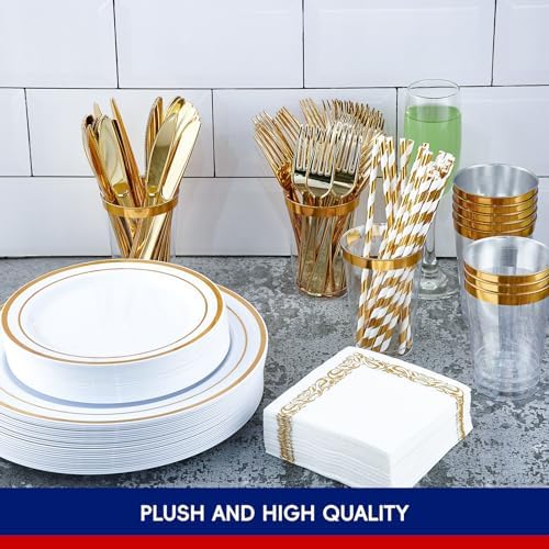 250 PCS Plastic Plates Set With Gold Rim Elegant Cutlery set for 25 Guests - Image 2