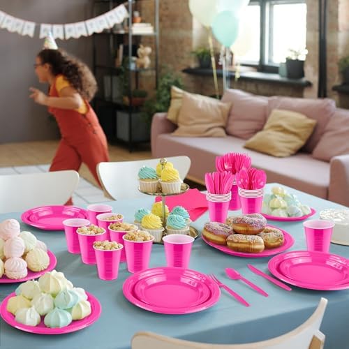 Aodaer 200 Pieces Hot Pink Party Supplies Disposable Dinnerware Set Include Plastic Plates Cups Knives Forks Spoons Paper Napkins for Birthday Wedding Graduation Parties, Serve 25 Guests - Image 5