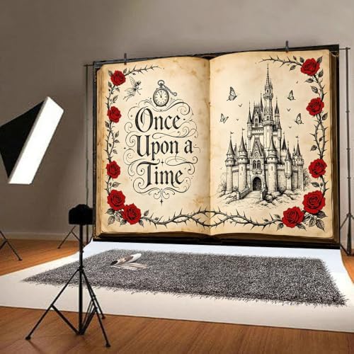 Fairy Tale Castle Book Backdrop 10x8ft Vintage Once Upon a Time Photography Background with Red Roses for Princess Themed Photoshoot Wedding Bridal Shower Photo Booth Props - Image 2