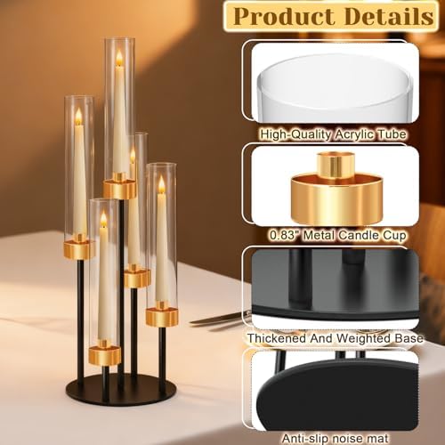 5-Arm Black Metal Table Candelabra Centerpiece, 22" Tall Clear Candlesticks Holder with Shade for Valentines Day Events Party Table Centerpiece,Fit LED Candles (4, Black+Gold, S-22in) - Image 3