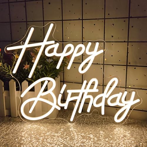 Happy Birthday Neon Sign for Wall Decor, LED Happy Birthday Light Up Sign, Dimmable LED Birthday Neon Light for Birthday Party Decorations Backdrop, Warm White by AYwyYjCh