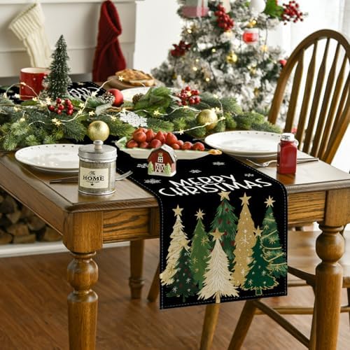 Artoid Mode Xmas Trees Snowflakes Black Merry Christmas Table Runner, Winter Seasonal Kitchen Dining Table Decoration for Home Party Decor 13x72 Inch - Image 2