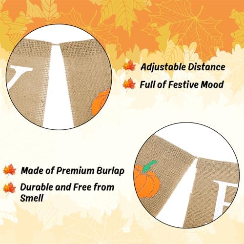 Whaline Happy Fall Pumpkin Burlap Banner Harvest Home Decor Bunting Flag Pre-Assembled Autumn Hanging Garland Party Thanksgiving Day Decoration (White) - Image 3