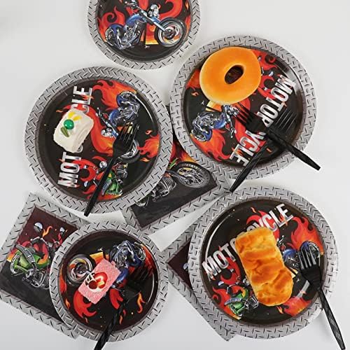 Wiooffen 96pcs Motorcycle Party Decorations Motorcycle Paper Plates Napkins Birthday Disposable Cake Dessert Tableware Set Motocross Biker Theme Party Supplies Baby Shower Decorations Favors Serve 24 - Image 5