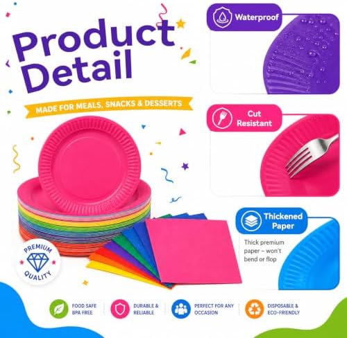 100 Pcs 7 & 9 Inch Colorful Paper Plates and Solid Printed Napkins - Image 4