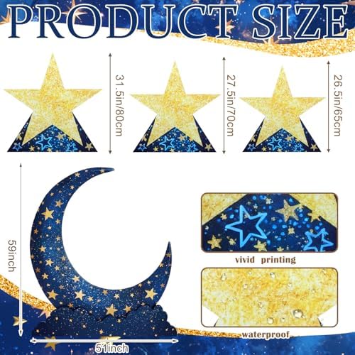 Leinuosen 4 Pcs Starry Night Party Decoration Crescent Moon Star Cardboard Stand up Cutout 2.15-5 ft Large Life Size Twinkle Little Backdrop Prom Photo Prop Standup for Movie Night Birthday Homecoming - Image 2