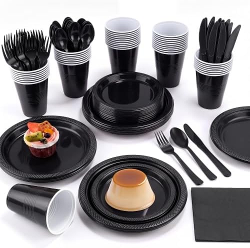 Aodaer 400 Pieces Black Party Supplies Disposable Dinnerware Set Include Plastic Plates Cups Knives Forks Spoons Paper Napkins for Birthday Wedding Graduation Parties, Serve 50 Guests by Aodaer