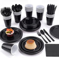 Aodaer 400 Pieces Black Party Supplies Disposable Dinnerware Set Include Plastic Plates Cups Knives Forks Spoons Paper Napkins for Birthday Wedding Graduation Parties, Serve 50 Guests by Aodaer
