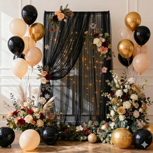 Gallety Black Tulle Backdrop Curtain with String Lights, 10x8ft Sheer Black Backdrop Curtain for Photography, Gothic Wedding, Halloween, Birthday,Graduation, Gala, Cocktail Party Decorations - Image 6
