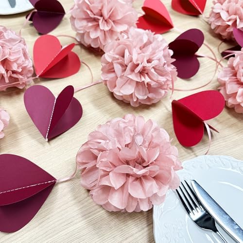 Dusty Rose Pink Party Decoration Tissue Flowers Pom Pom with Burgundy Red 3D Heart Hanging Paper Garland Banner Streamer for Valentines Day Birthday Wedding Shower Bridal Shower Party Supplies - Image 5