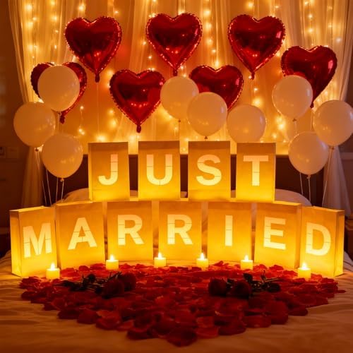 Just Married Light Up Letters, Include Light up Letters, with Tea Lights Candles, Latex Balloons, Aluminum Balloons and Rose Petals, Luminary Paper Bags for Just Married Banner and Decorations by Peledic