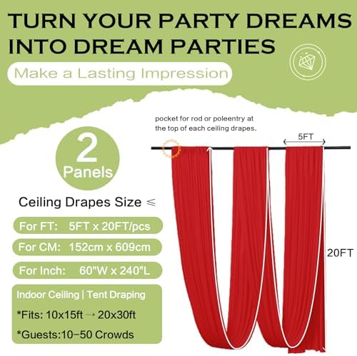 2 Panels 5ft(W) x 20ft(L) Red Ceiling Drapes for Christmas Parties - Image 3