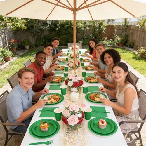 Green Plates and Napkins Party Supplies, Disposable 9’’ Dark Green Paper Plates, 7’’ Dessert Plates Cups Napkins Party Decorations for Christmas, Birthday, Baby Shower, St Patricks, Serves 25 - Image 6