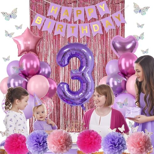 Pink Purple 3rd Birthday Party Decoration for Girls Number 3 Princess Decor - Image 5