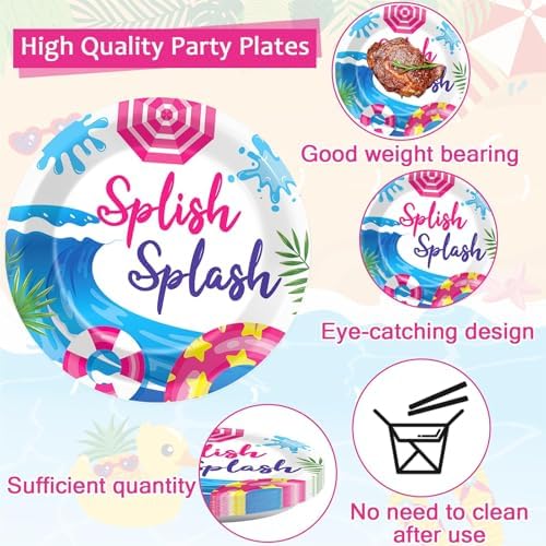 CHUNNIN 96Pcs Pink Splish Splash Plates and Napkins Summer Pool Birthday Party Decorations Splish Splash Bash Dessert Plates Summer Beach Tableware for 24 Guests Girls Hawaiian Party Supplies - Image 3