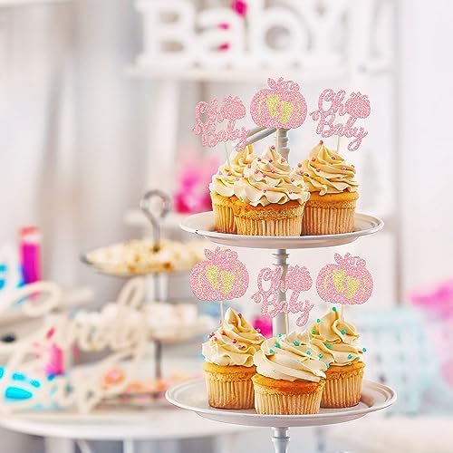 24Pcs Pumpkin Oh Baby Cupcake Toppers Glitter Baby Feet Pumpkin Cupcake Picks for Fall Theme Baby Shower Kids Birthday Party Cake Decorations Supplies Pink - Image 6