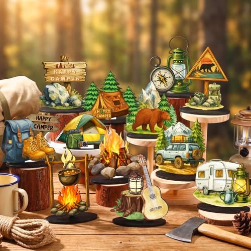 Wesiti 12 Pcs Camping Party Table Decorations Wooden Camper Centerpieces Camping Adventure Sign with Bases Table Topper Decor for Adults Tiered Tray Decor Party Favor - Image 4