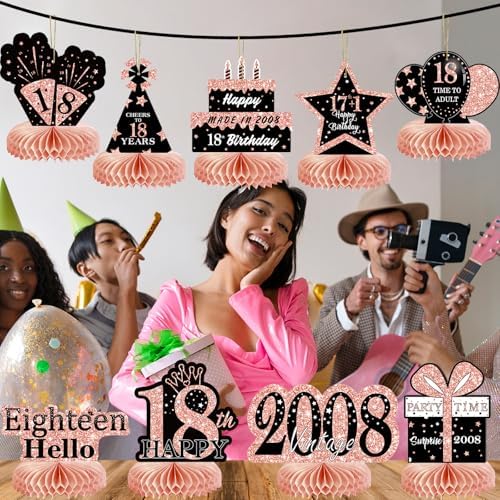 9Pcs Rose Gold Pink 18th Birthday Decorations Honeycomb Centerpieces for Girls,Happy 18th Birthday Centerpieces Tables Toppers Party Decorations Supplies,Vintage 2008 Aged Table Sign Decor - Image 6