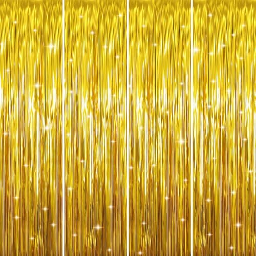 GOER 3.2 ft x 9.8 ft Metallic Tinsel Foil Fringe Curtains Party Photo Backdrop Party Streamers for Birthday,Graduation,New Year Eve Decorations Wedding Decor (4 Packs,Gold) by GOER