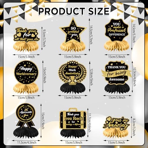 9Pcs Happy Work Anniversary Decorations Black Gold Happy Workiversary Table Honeycomb Centerpieces Office Anniversary Party Table Topper Decor for Employee Worker Anniversary Appreciation Supplies - Image 2