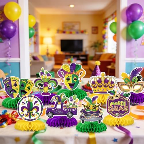 Mardi Gras Party Decorations,9 Pcs Mardi Gras Honeycomb Table Decor,Double Side Mask Crown Table Centerpieces for Carnival Holiday Masquerade New Orleans Party Supplies Decorations - Image 5